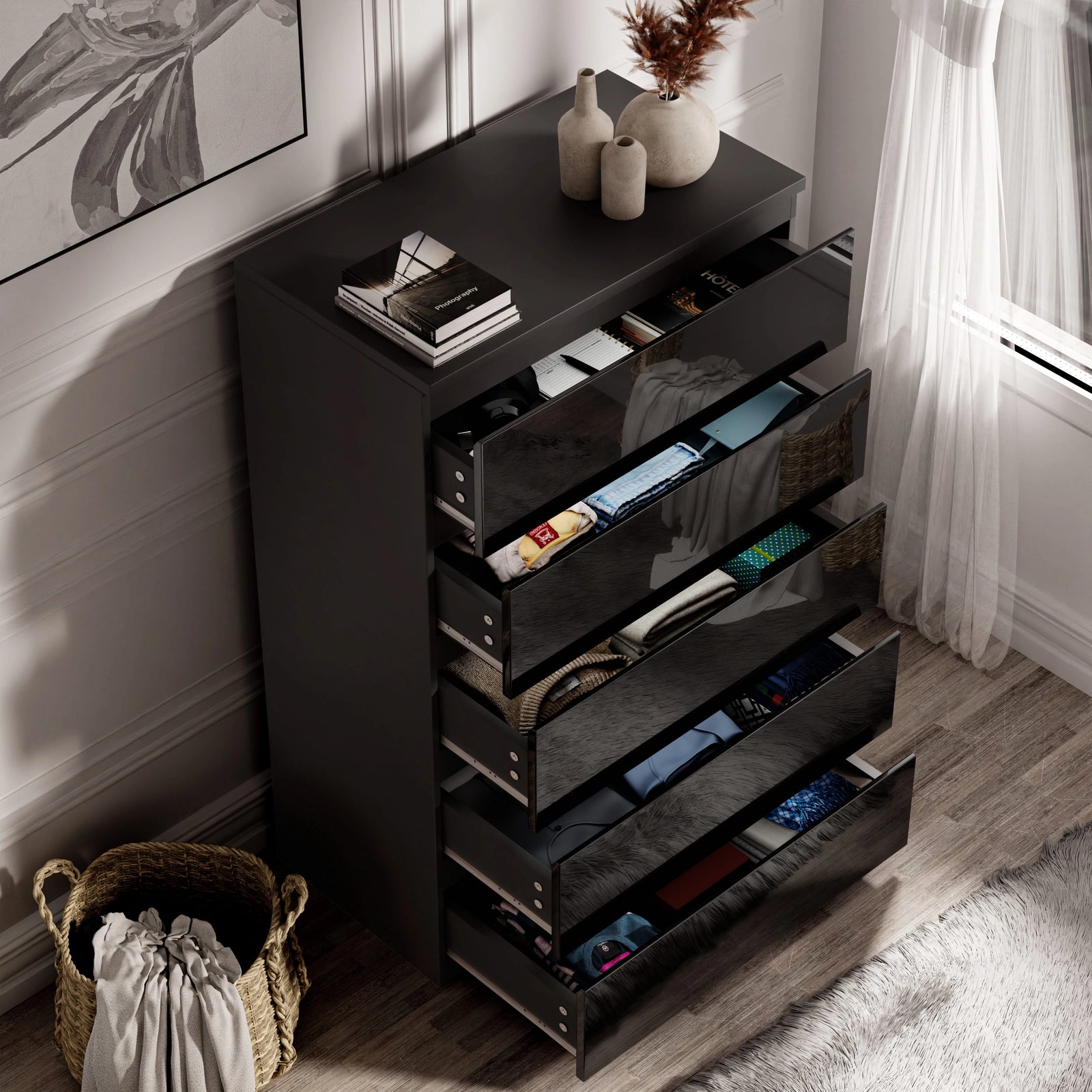 [Black] Black high gloss tall chest of drawers from above with drawers open displaying books and clothes
