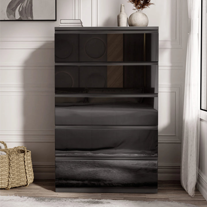 [Black] Front view high gloss tall chest of drawers in black with reflections across five drawers