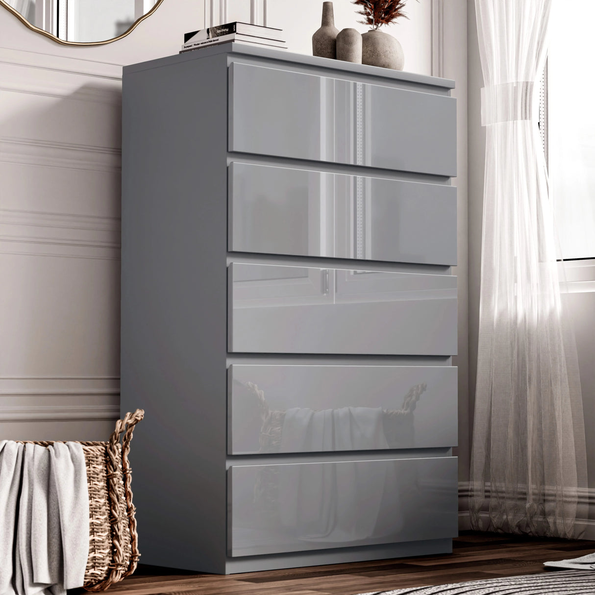 [White] High gloss tall chest of drawers in grey beside woven basket and draped throw in bedroom