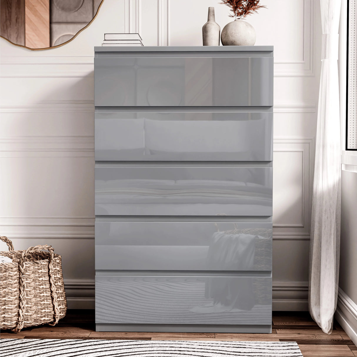 [White] Five drawer high gloss tall chest of drawers in grey beside rattan basket and white curtain