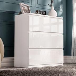 High Gloss 3 Drawer Chest of Drawers in white with handleless design, perfect for modern bedroom storage and compact spaces.