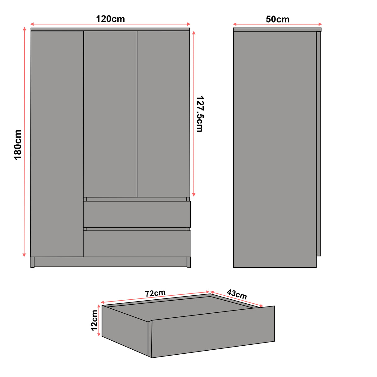 3 door high gloss white wardrobe with drawers, diagram showing 180 cm height, 120 cm width, 50 cm depth and 12 cm deep drawers
