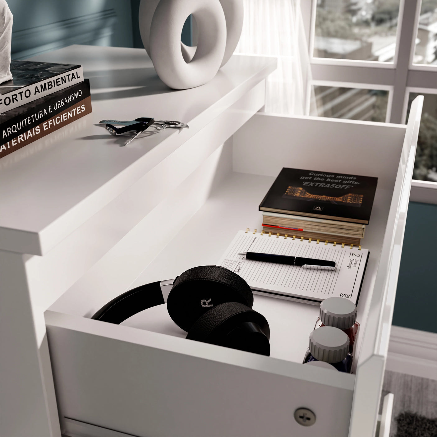 High Gloss 4 Drawer Chest of Drawers in white with open top drawer showing headphones, notebook, and pens, ideal for modern bedroom storage.