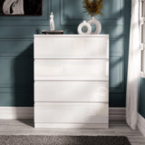 High Gloss 4 Drawer Chest of Drawers by Blisswood in white with handleless design, placed in a modern bedroom with teal panel walls.