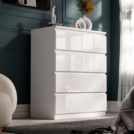High Gloss 4 Drawer Chest of Drawers | Chester Drawers in white finish, featuring a sleek handleless design, ideal for modern bedroom storage.