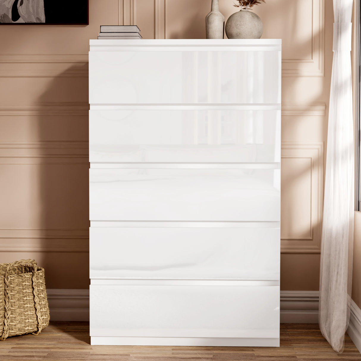 High Gloss Tall Chest of Drawers with 5 spacious drawers in sleek white finish, ideal for modern bedroom storage and organization.