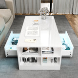 Modern white coffee table with high gloss finish, dual drawers, and LED-lit central storage for stylish organization.