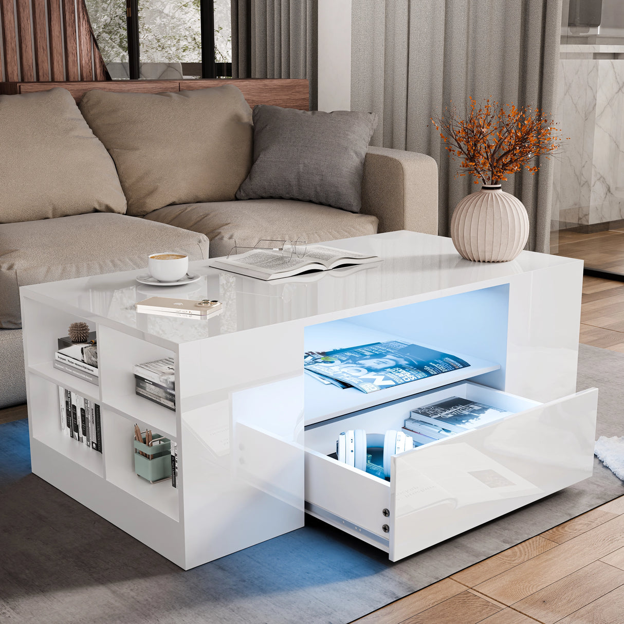 White high gloss coffee table with LED lights, open shelving, and pull-out drawers for modern living room storage and decor.