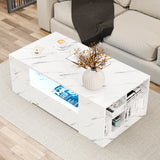 Marble-style white gloss coffee table with LED lighting and side shelving, perfect for luxury living room decor.
