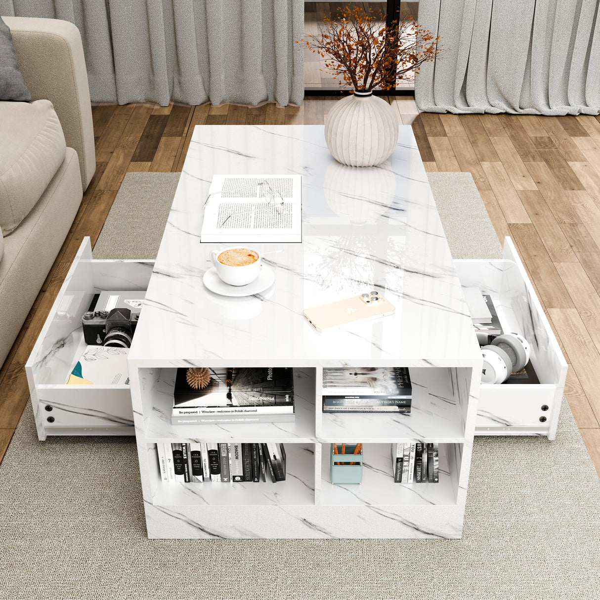 Modern white marble coffee table with dual drawers and LED-lit center shelf, ideal for stylish storage solutions.
