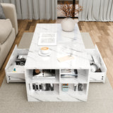 Modern white marble coffee table with dual drawers and LED-lit center shelf, ideal for stylish storage solutions.