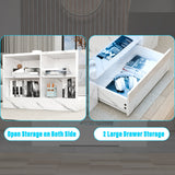 Detail view of white marble LED coffee table showing open shelves and spacious drawers for organized storage.