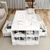 Modern white marble coffee table with 2 drawers and LED-lit center shelf, ideal for stylish storage solutions.