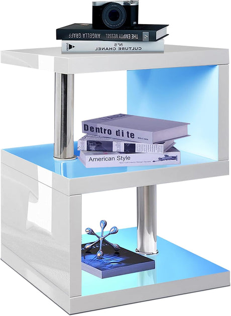 High-gloss white side table with LED lights, perfect for placing books, keys, TV remote, and more.