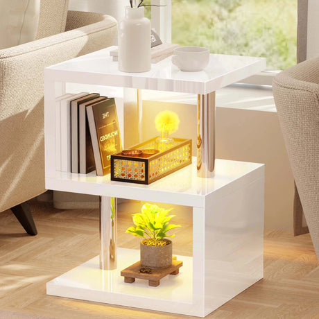 High gloss white side tables from DHS with 3 storage shelves and yellow LED lights, for bedrooms or living room decor