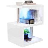 White high gloss LED end table with blue lighting and 3-tier storage, ideal for books, decor, and compact living spaces.