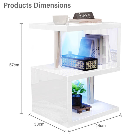 Product dimensions of white high gloss LED side table: 57cm height, 44cm width, and 38cm depth, perfect for small spaces.