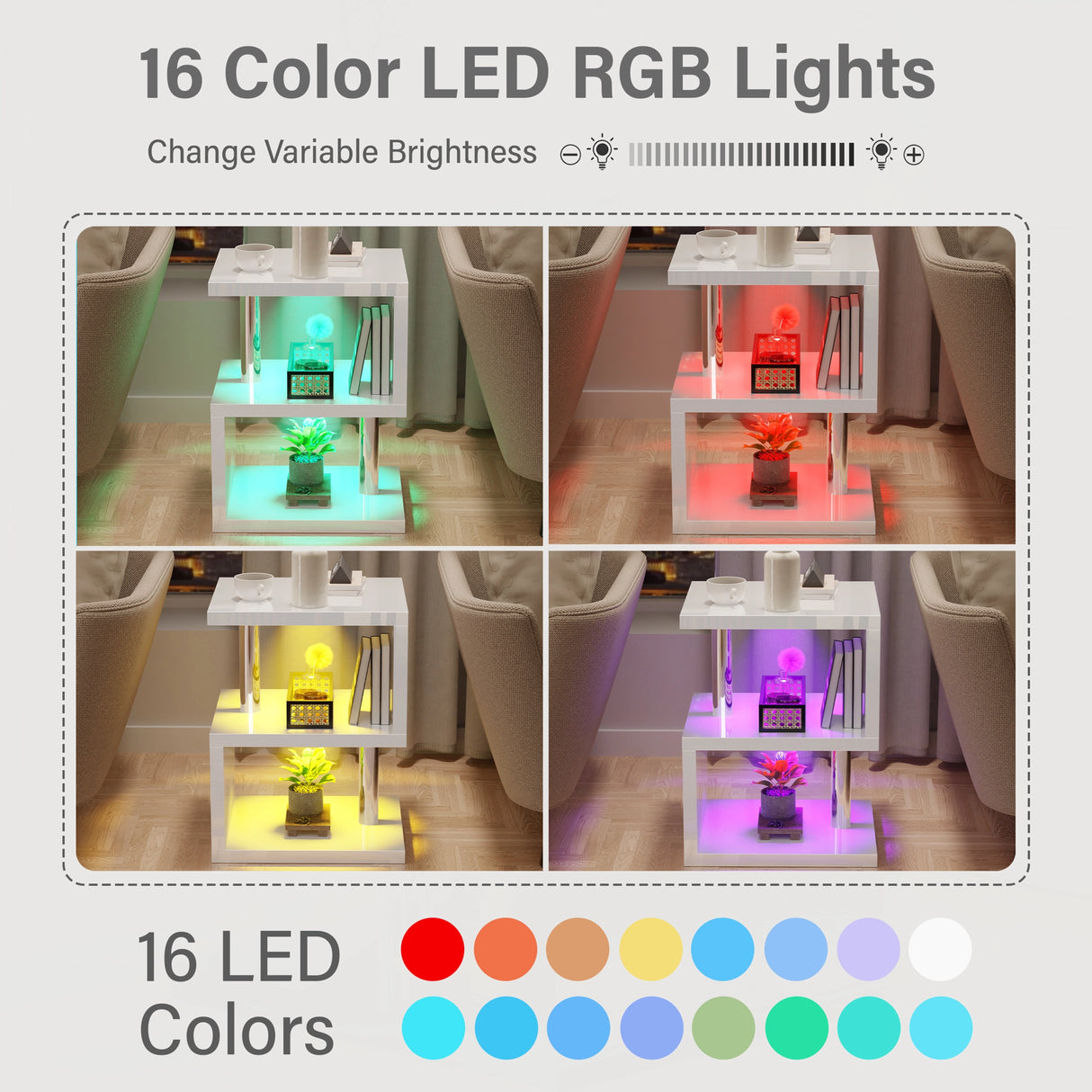 Small white high gloss side table with 16-color RGB LED lights and adjustable brightness for mood lighting