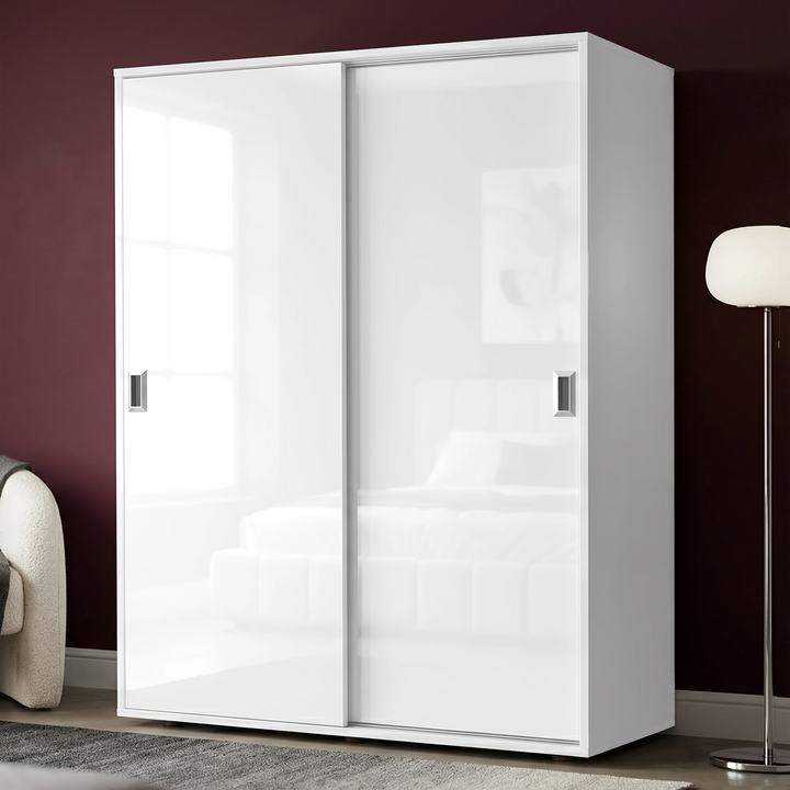 [High Gloss White] Torvek sliding wardrobe angled view fully closed with reflective gloss panel doors in bedroom