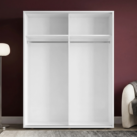 [High Gloss White] Torvek wardrobe fully open showing empty white interior with hanging rails and upper shelving