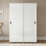 [High Gloss White] sliding wardrobe doors in a room with a dark wall and modern decor
