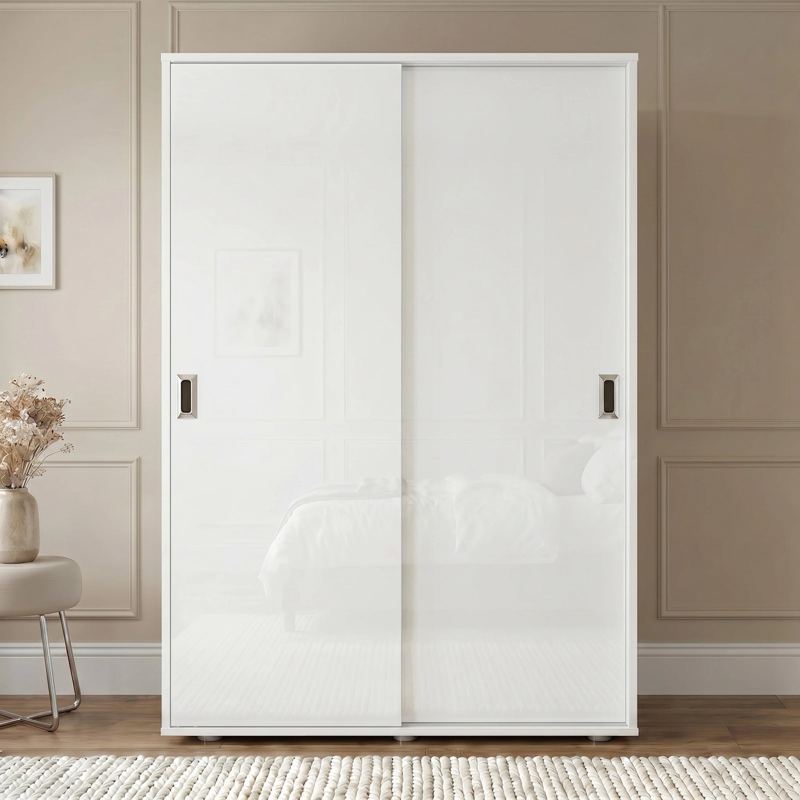 [High Gloss White] sliding wardrobe doors in a room with a dark wall and modern decor