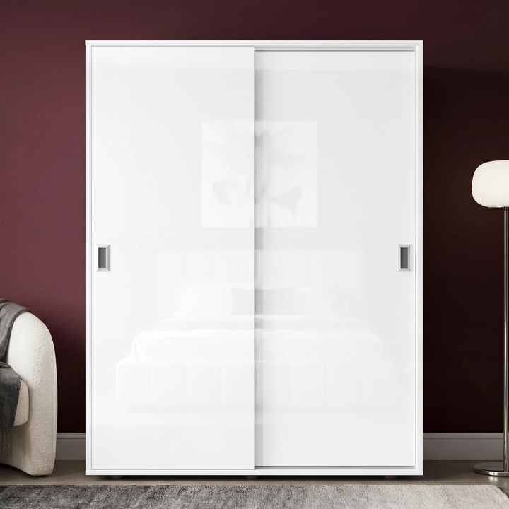 [High Gloss White] sliding wardrobe doors in a room with a dark wall and modern decor