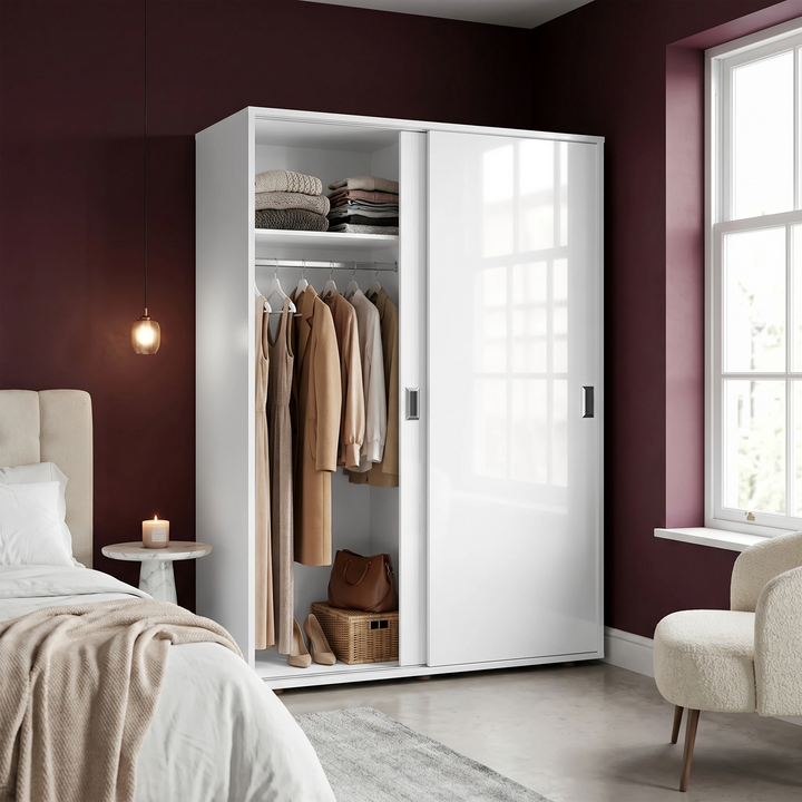 [High Gloss White] Torvek gloss wardrobe half-open in dark red bedroom showing hanging rail, shelf and accessories