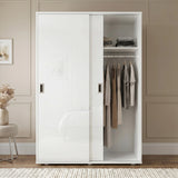 [High Gloss White] Torvek gloss wardrobe one door open showing hanging jackets, folded shelf items and rolled bedding