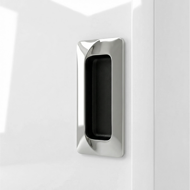 [High Gloss White] Torvek wardrobe close-up of polished chrome recessed flush handle on high gloss white door