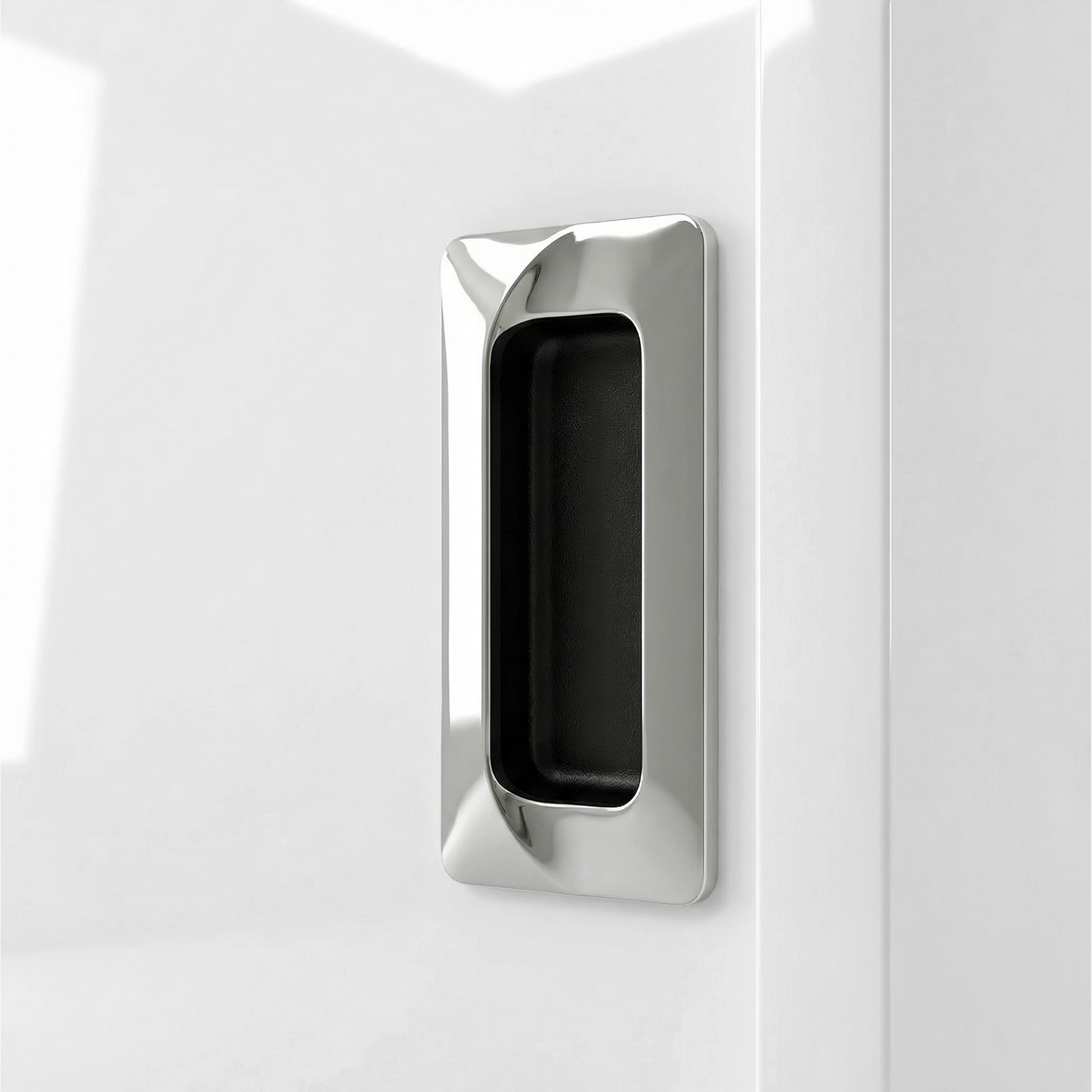 [High Gloss White] Torvek wardrobe close-up of polished chrome recessed flush handle on high gloss white door