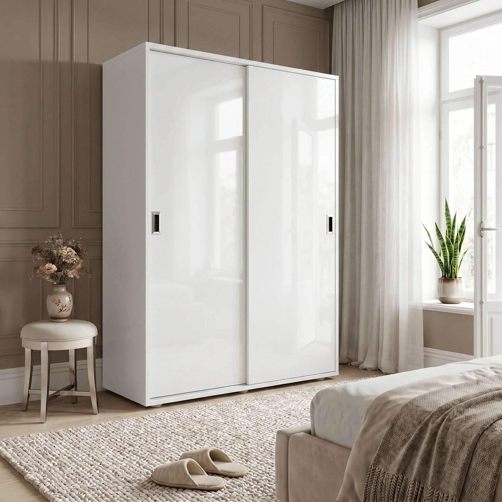 [High Gloss White] White wardrobe in a bedroom with a bed, stool, and plants.