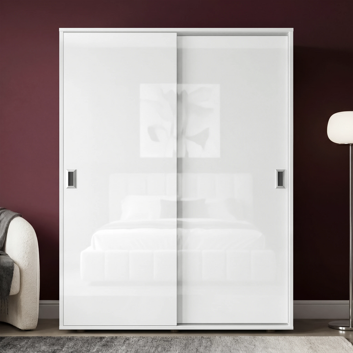 [High Gloss White] Torvek sliding wardrobe fully closed front view with reflective gloss doors in dark red bedroom
