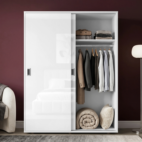 [High Gloss White] Torvek gloss wardrobe one door open showing hanging jackets, folded shelf items and rolled bedding