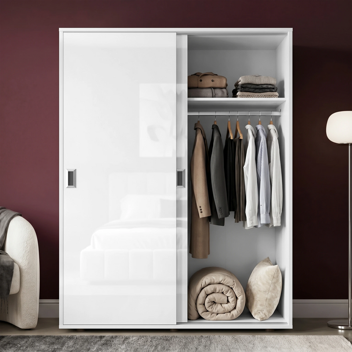 [High Gloss White] Torvek gloss wardrobe one door open showing hanging jackets, folded shelf items and rolled bedding