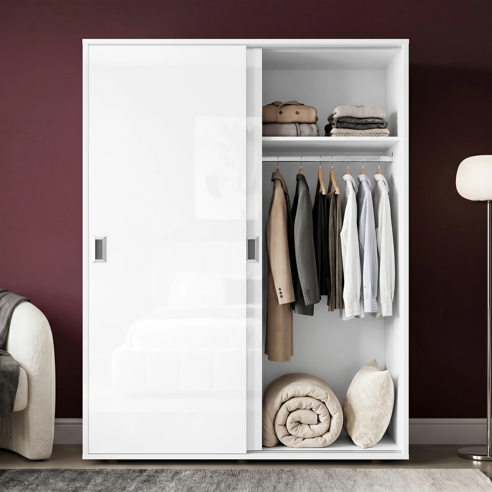 [High Gloss White] Torvek gloss wardrobe one door open showing hanging jackets, folded shelf items and rolled bedding