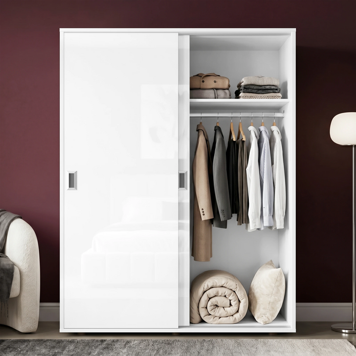 [High Gloss White] Torvek gloss wardrobe one door open showing hanging jackets, folded shelf items and rolled bedding