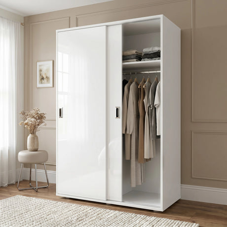 [High Gloss White] Torvek sliding wardrobe angled view with reflective gloss panel doors in bedroom