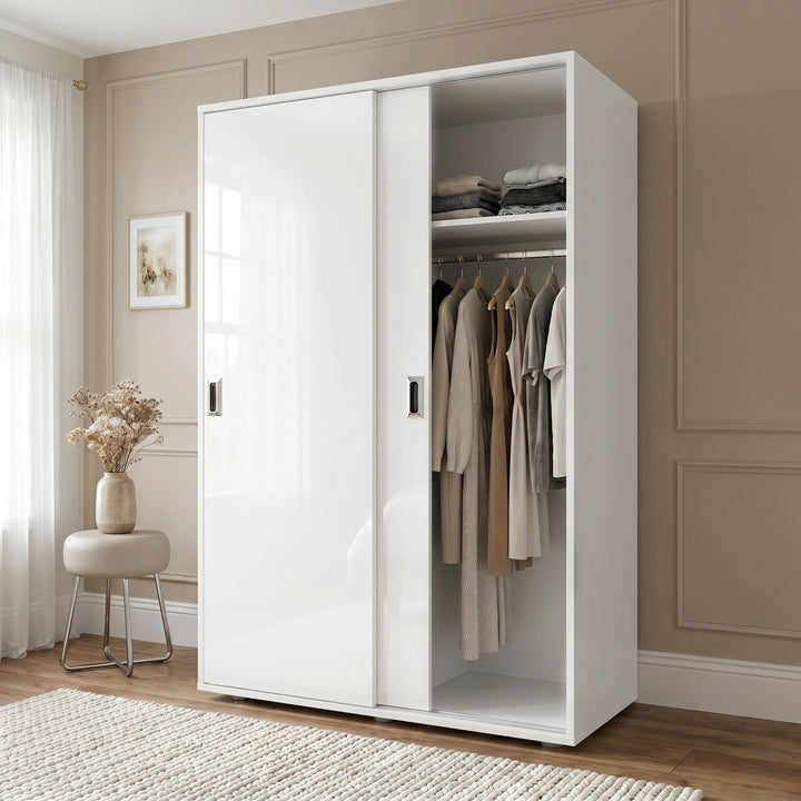 [High Gloss White] Torvek sliding wardrobe angled view with reflective gloss panel doors in bedroom