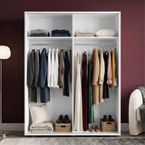[High Gloss White] Torvek wardrobe both doors open showing full interior with hanging clothes, upper shelves and baskets