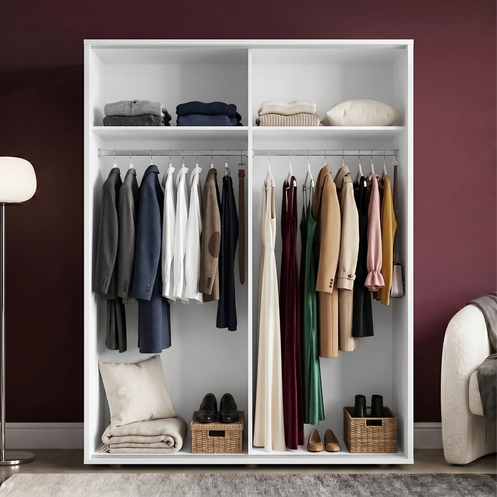 [High Gloss White] Torvek wardrobe both doors open showing full interior with hanging clothes, upper shelves and baskets