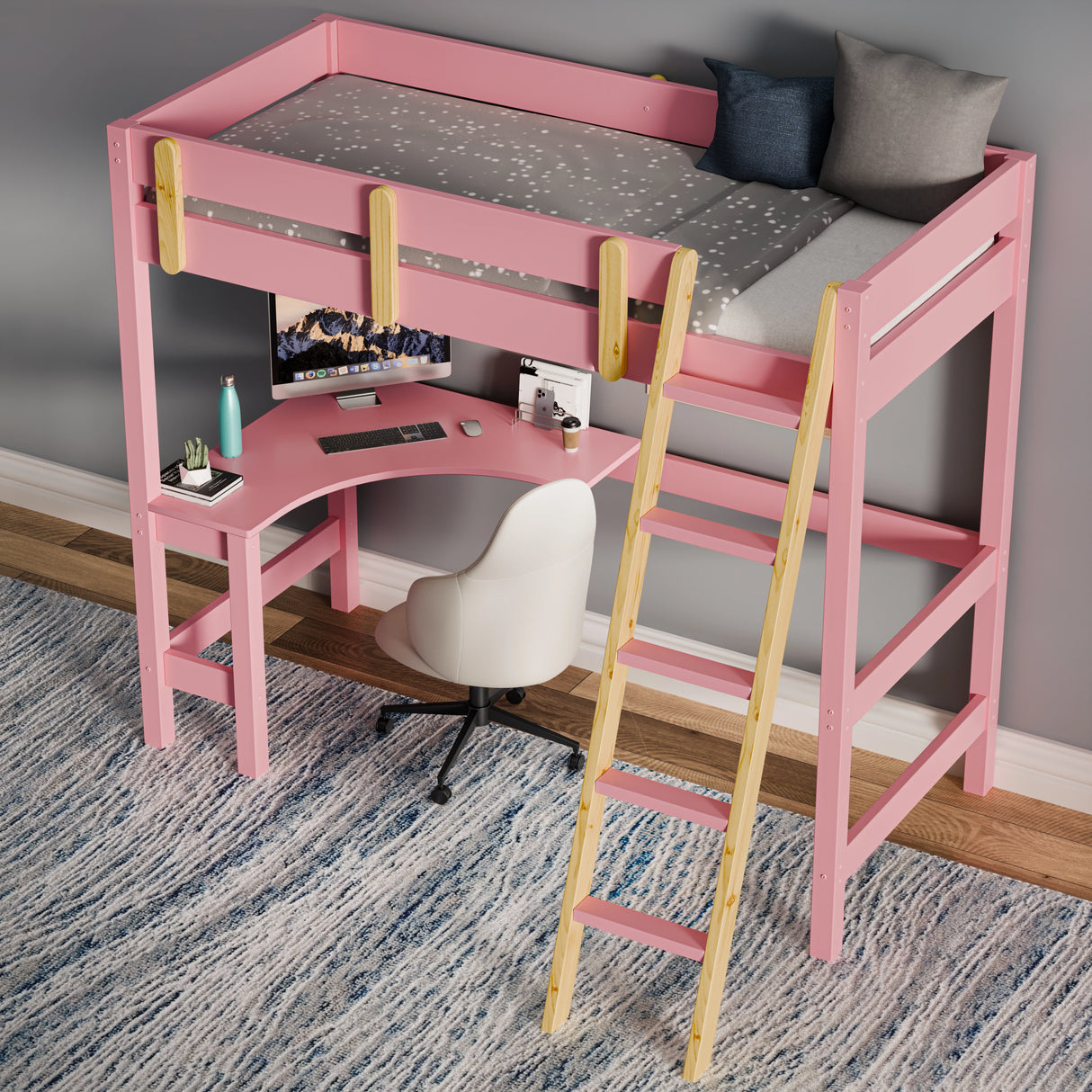 High loft bed with desk underneath and wooden ladder placed against a wall on a blue patterned rug