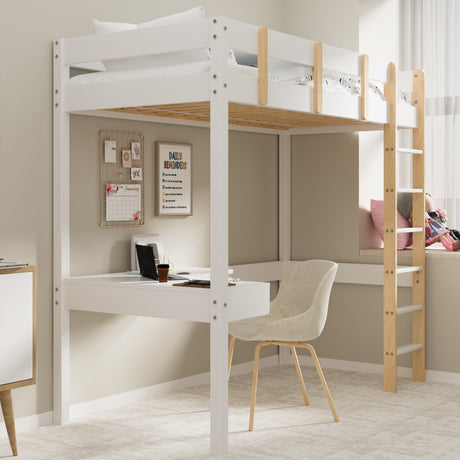 High sleeper bunk bed with wooden ladder, workspace underneath, and cozy decor.