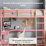 modern high sleeper bed with desk under showing a computer setup beneath a loft frame with guardrail