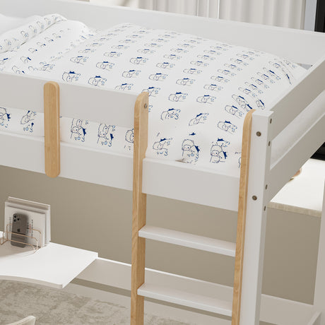 Close-up of a high sleeper bunk bed with white bedding, a wooden ladder, and a desk below.