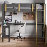 Front view of high sleeper bunk bed with a built-in desk underneath, placed against a wall