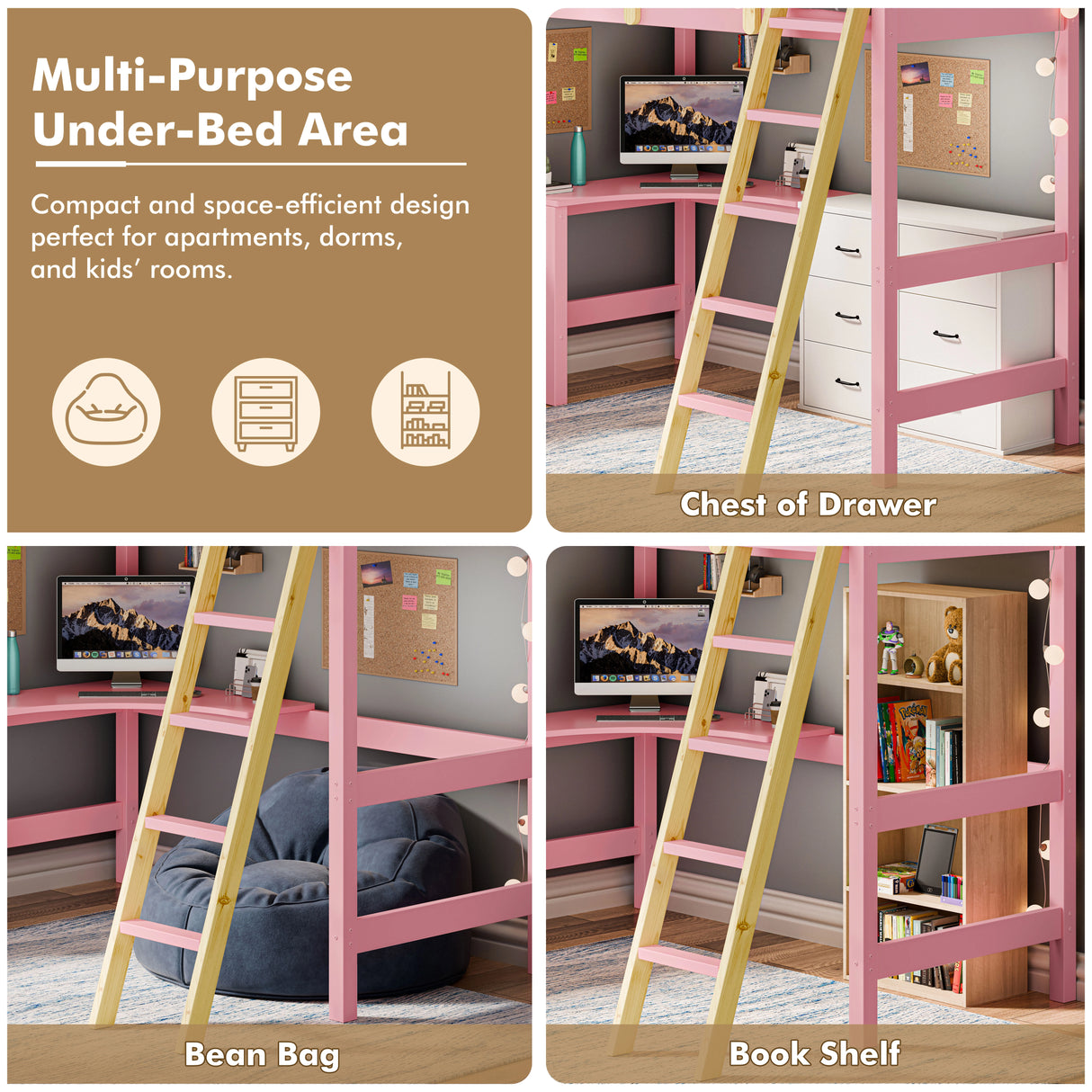 high sleeper with desk showing options for under bed storage like a chest of drawers bean bag or bookshelf