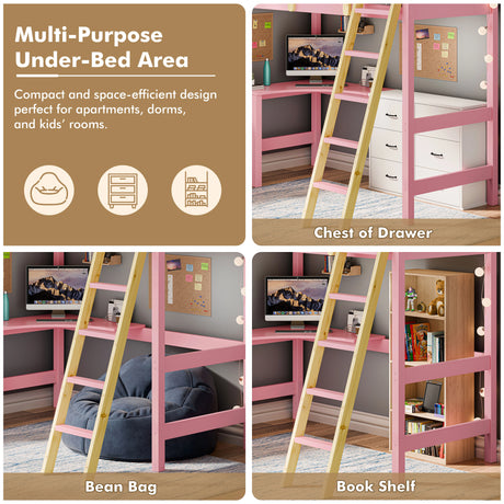 high sleeper with desk showing options for under bed storage like a chest of drawers bean bag or bookshelf