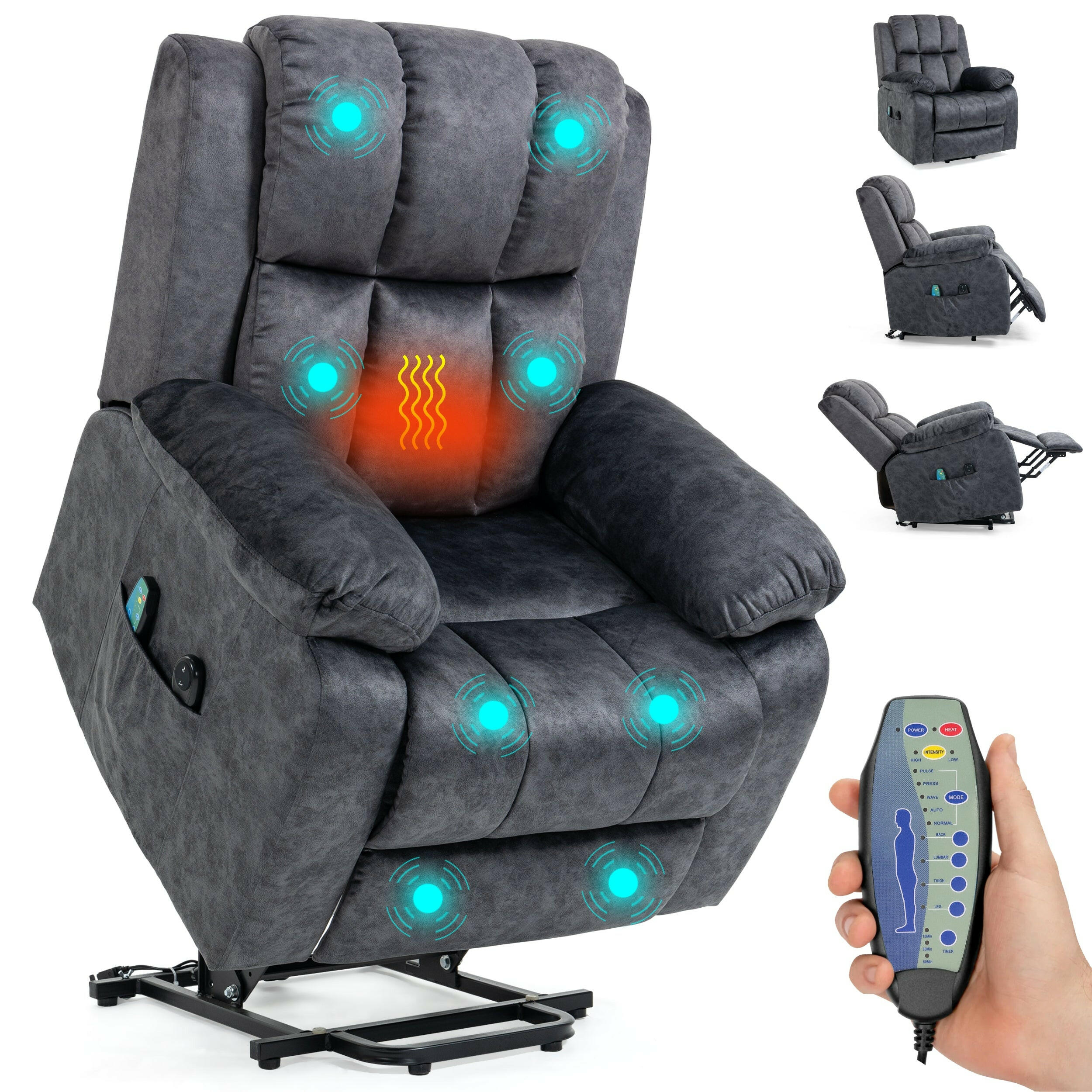 High back recliner armchair with massage and heat function, featuring adjustable positions.