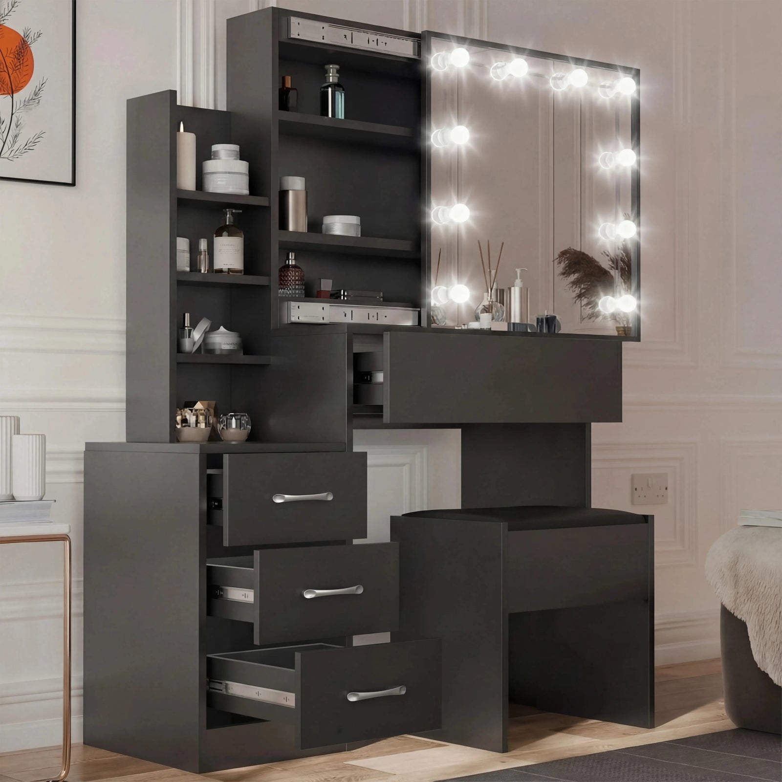 [Black] Three-quarter shot of black Hollywood mirror dressing table, drawer block on left and desktop drawer above